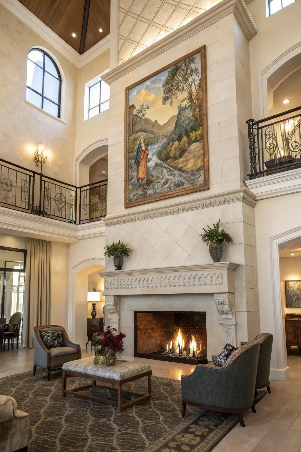 A two-story fireplace transformed into a work of art with a custom mural.