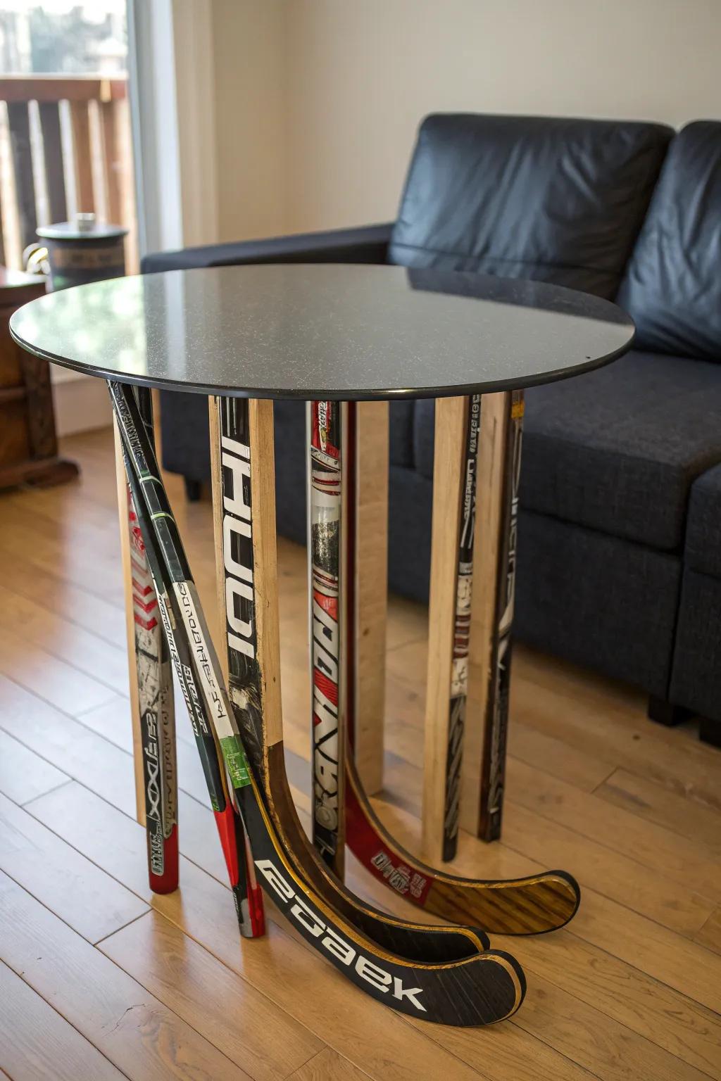 Add a sporty twist to your living space with this handcrafted hockey stick side table – where craftsmanship meets athletic inspiration.
