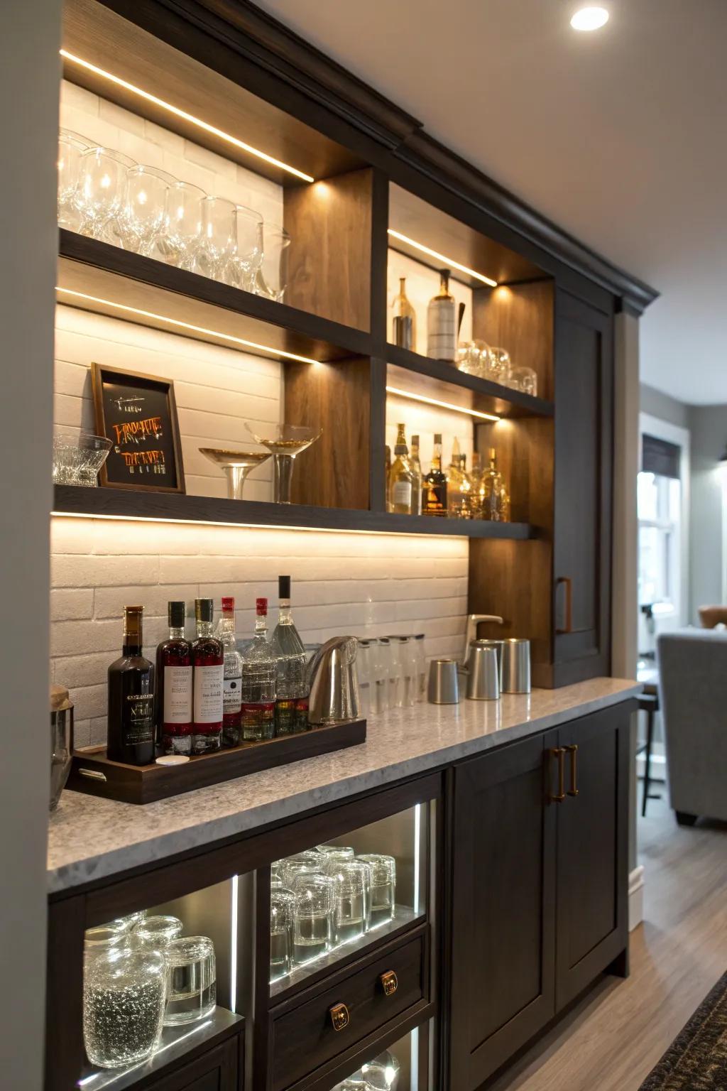 A built-in niche offers a sleek and integrated home bar solution.