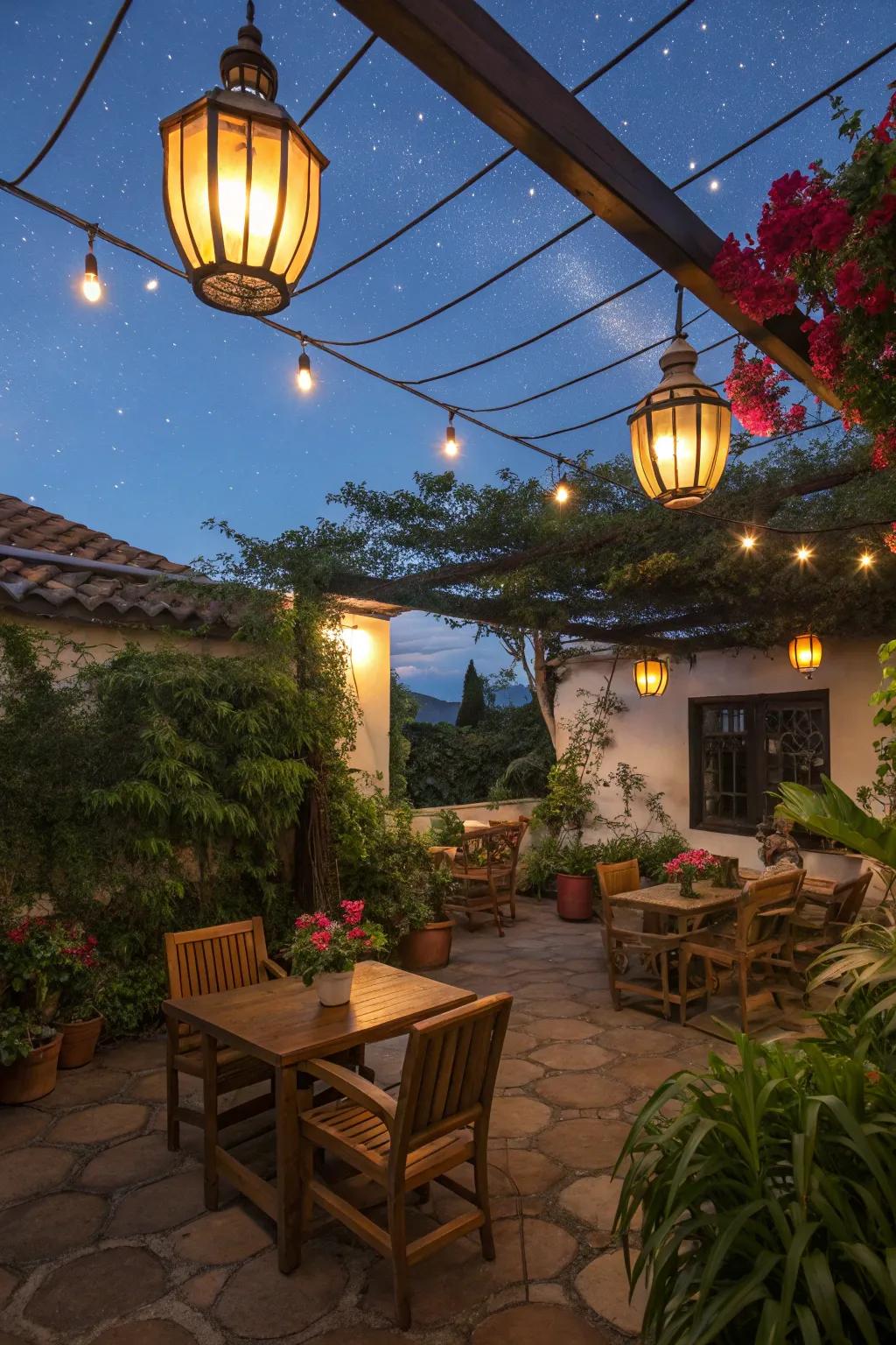 Lanterns add charm and warmth to an outdoor patio.