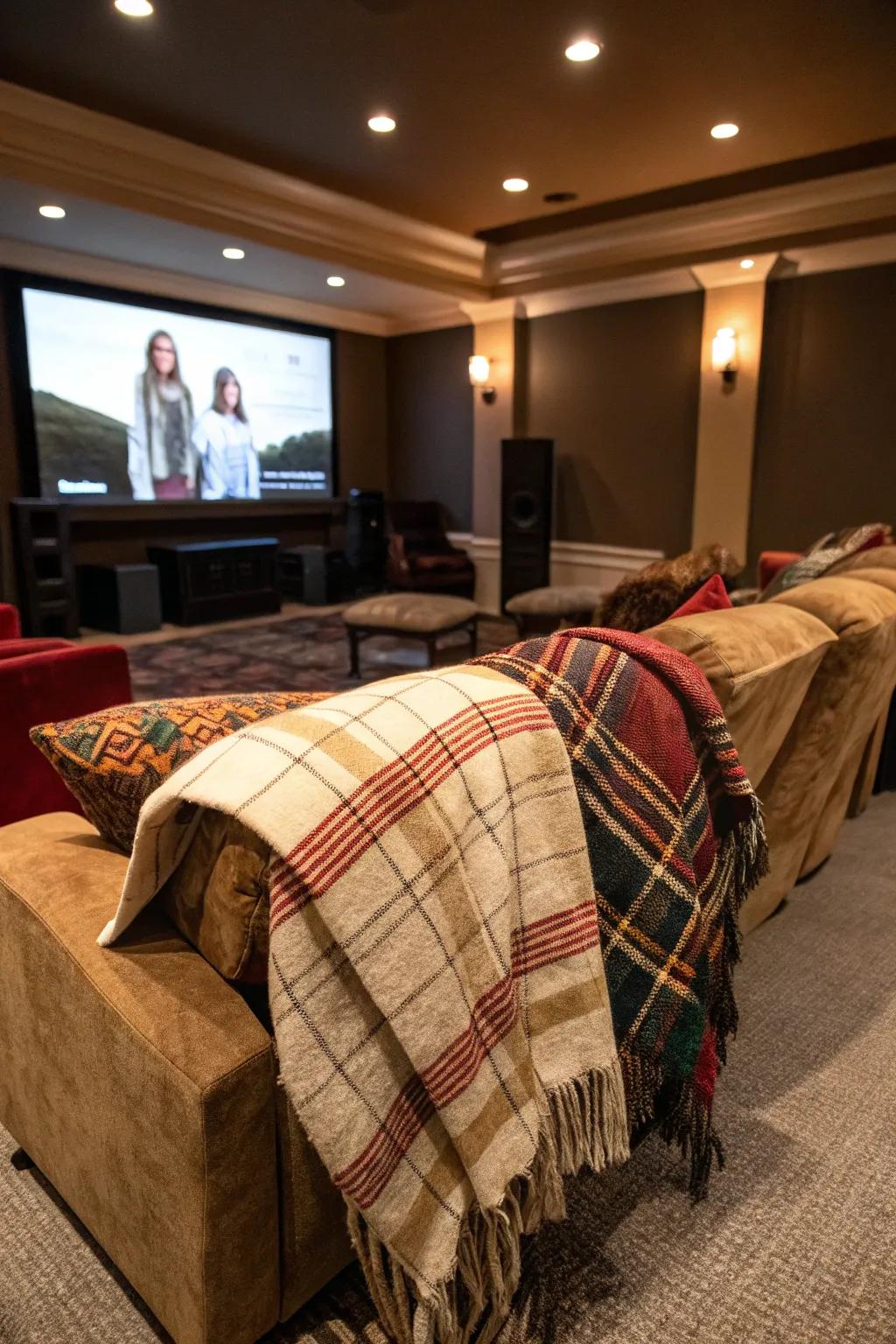 Soft, warm blankets add comfort and style to your home theater.