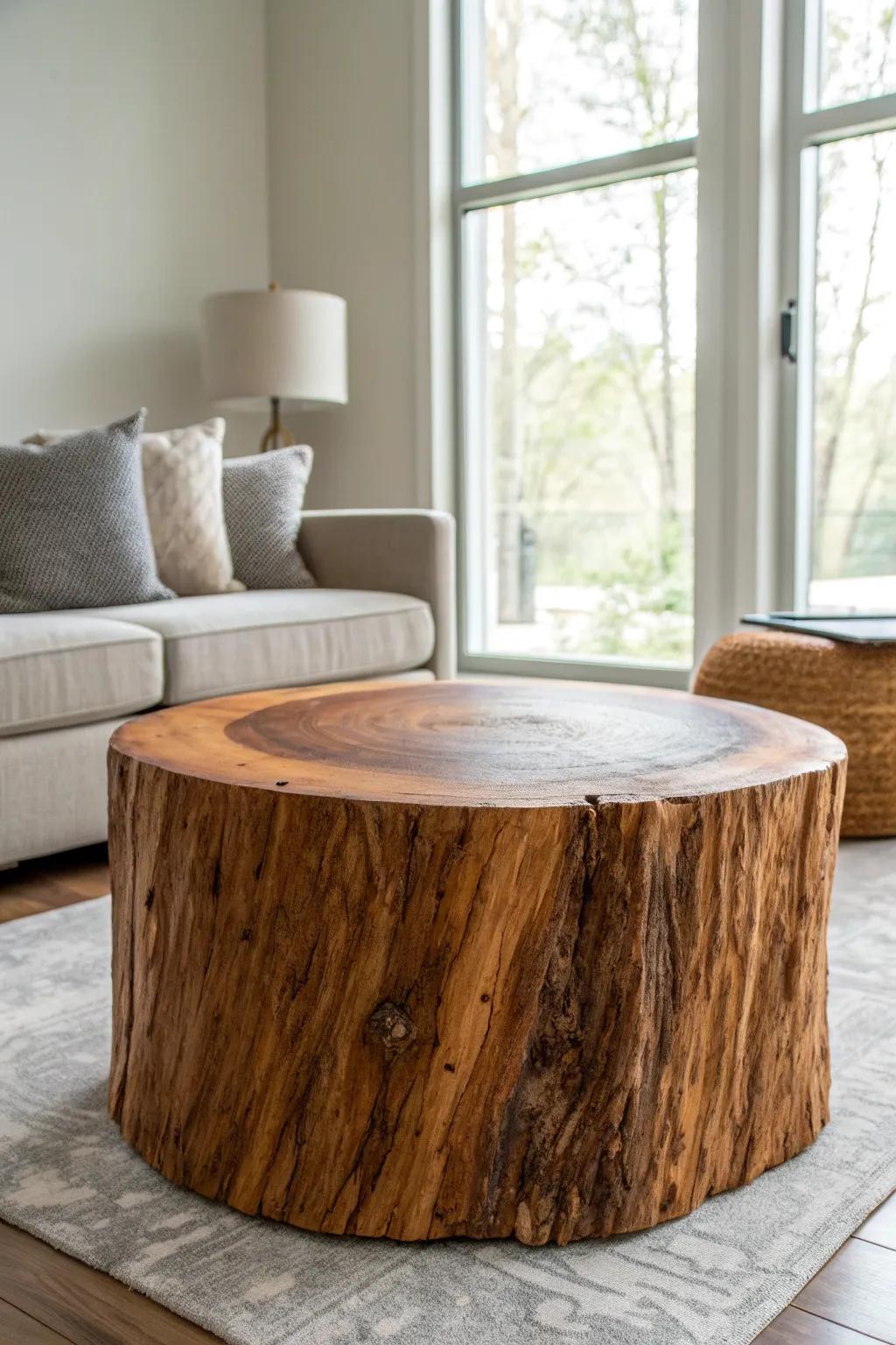 Bring the outdoors inside with this stunning tree stump coffee table, a perfect blend of nature and craftsmanship.