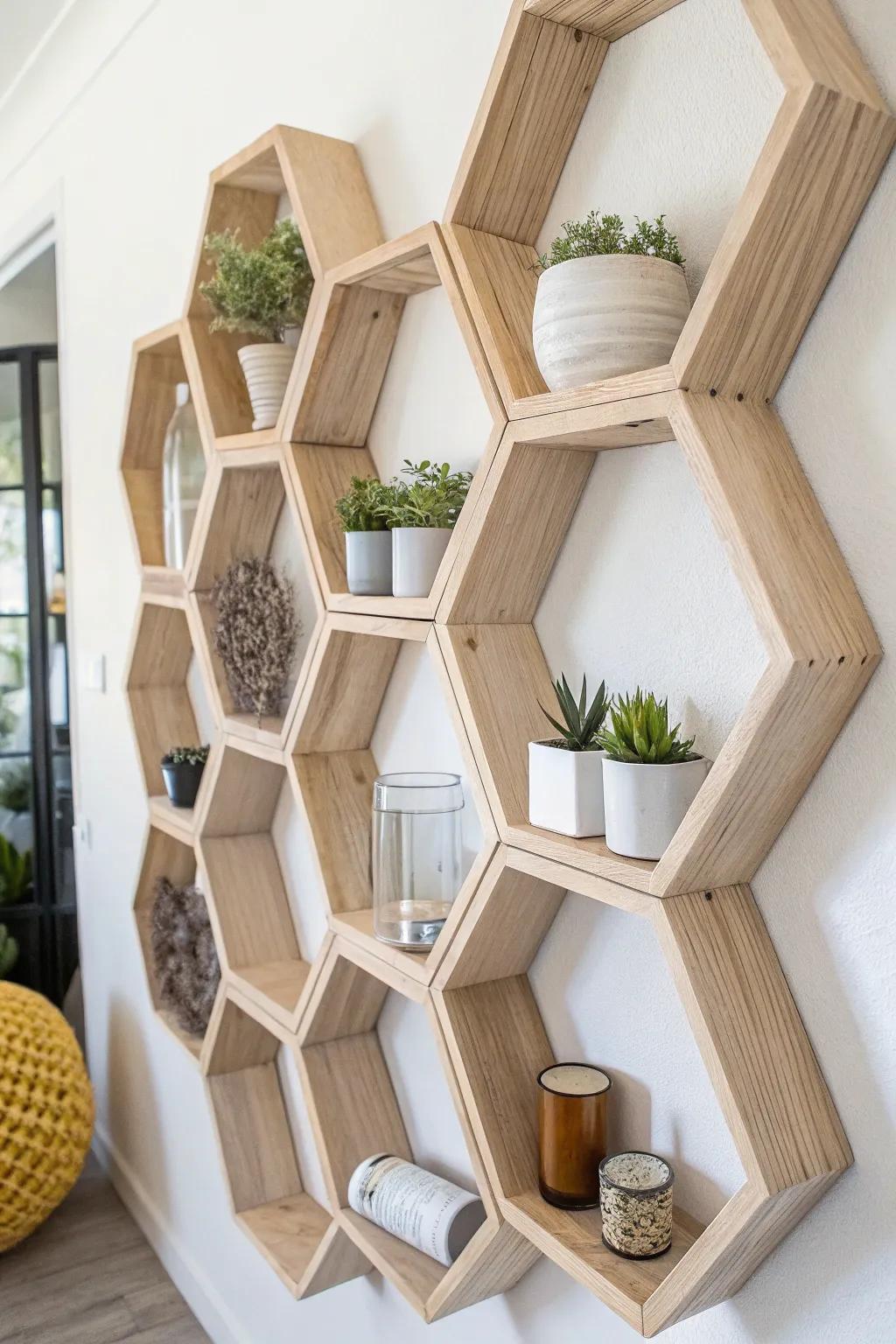 Elevate your space with the elegance of a honeycomb shelf—a perfect blend of function and style.