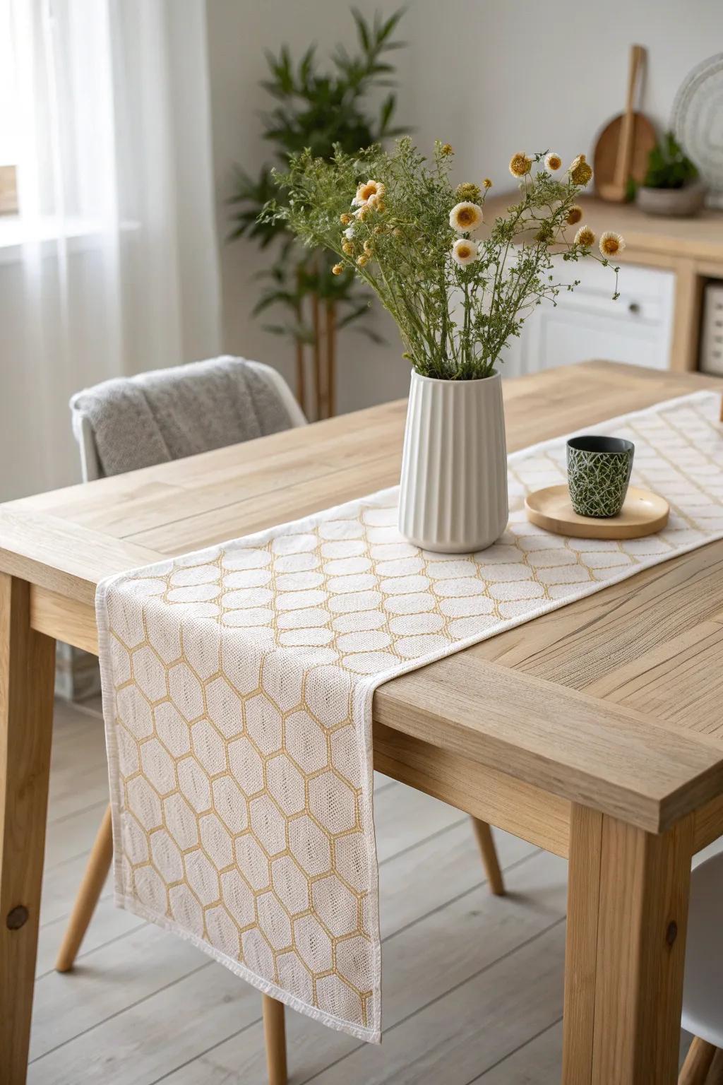 Elevate your dining space with the natural charm of a honeycomb-patterned table runner, perfectly blending simplicity and elegance.