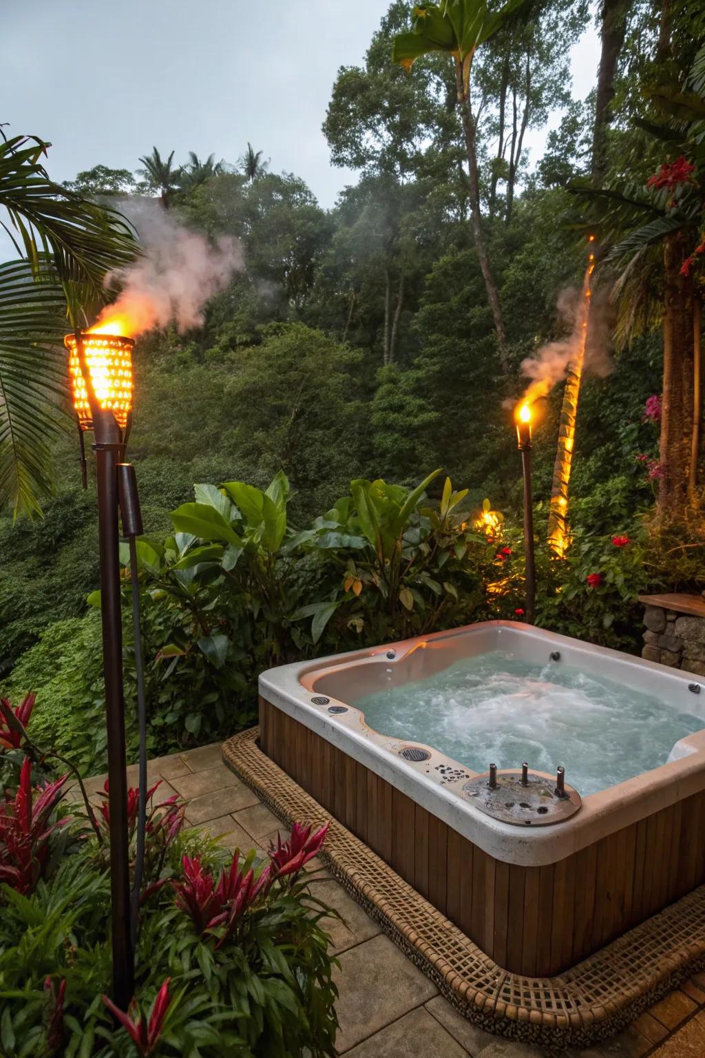 A tropical-themed hot tub area brings a vacation feel right to your backyard.