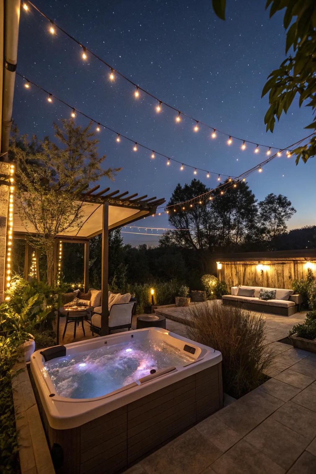 Ambient lighting enhances the hot tub experience.