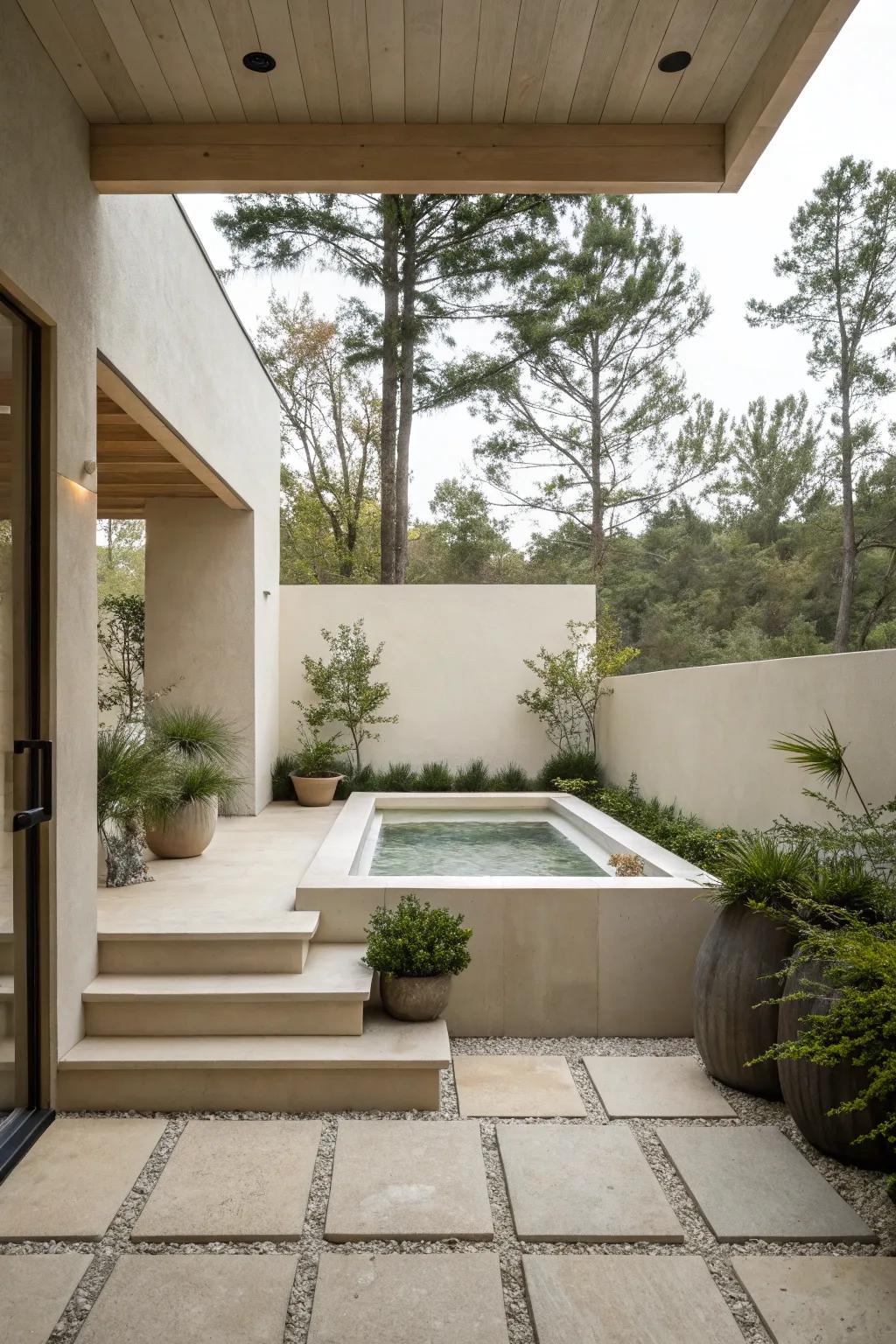 A minimalist approach lets the hot tub shine in a serene setting.