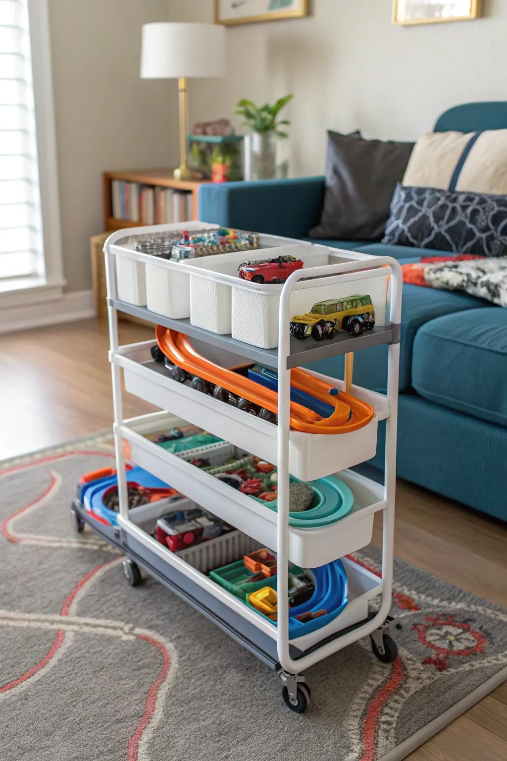 Rolling carts offer mobile Hot Wheels storage solutions.