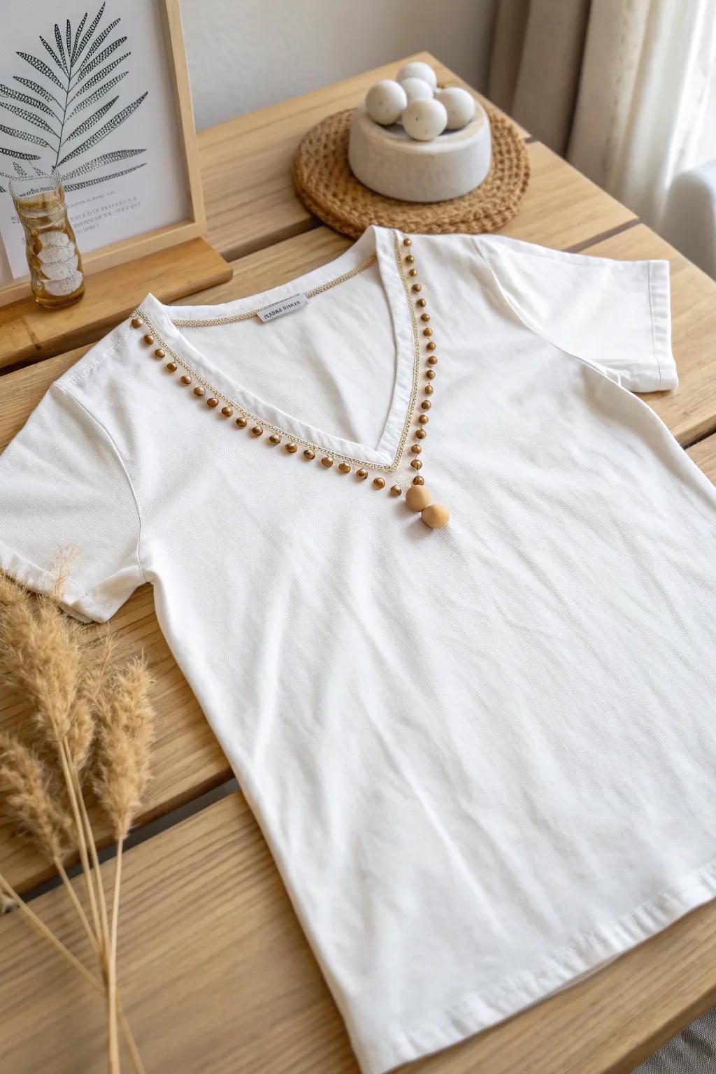 Transform your T-shirt into a boho-chic masterpiece with a beaded V-neckline, perfect for a touch of natural elegance!