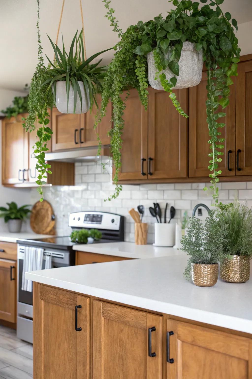 Faux plants bring a touch of nature above kitchen cabinets.