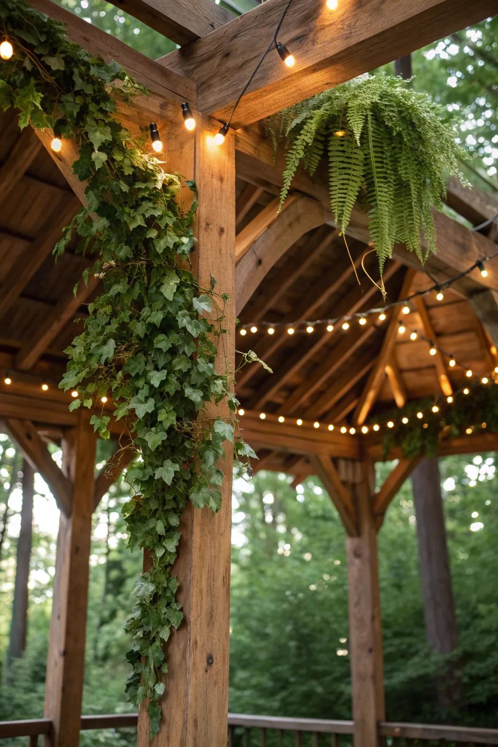 Illuminate your gazebo with nature's touch: a perfect blend of light and greenery.