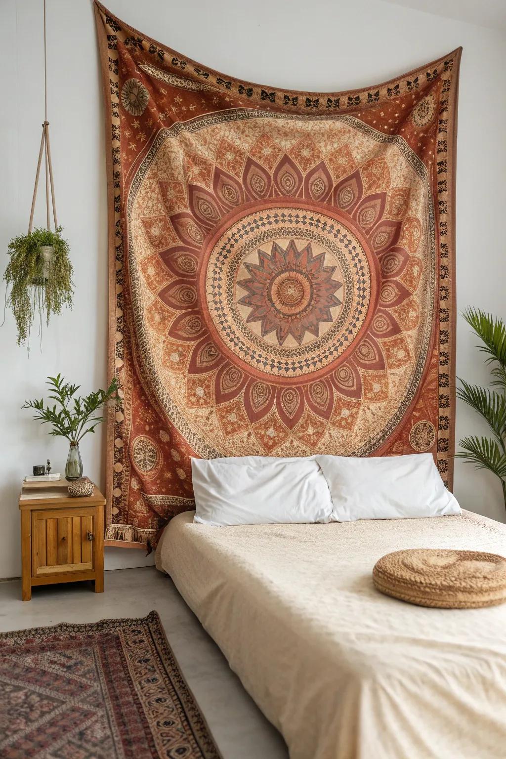 Transform your bedroom with a tapestry headboard for a unique bohemian charm.