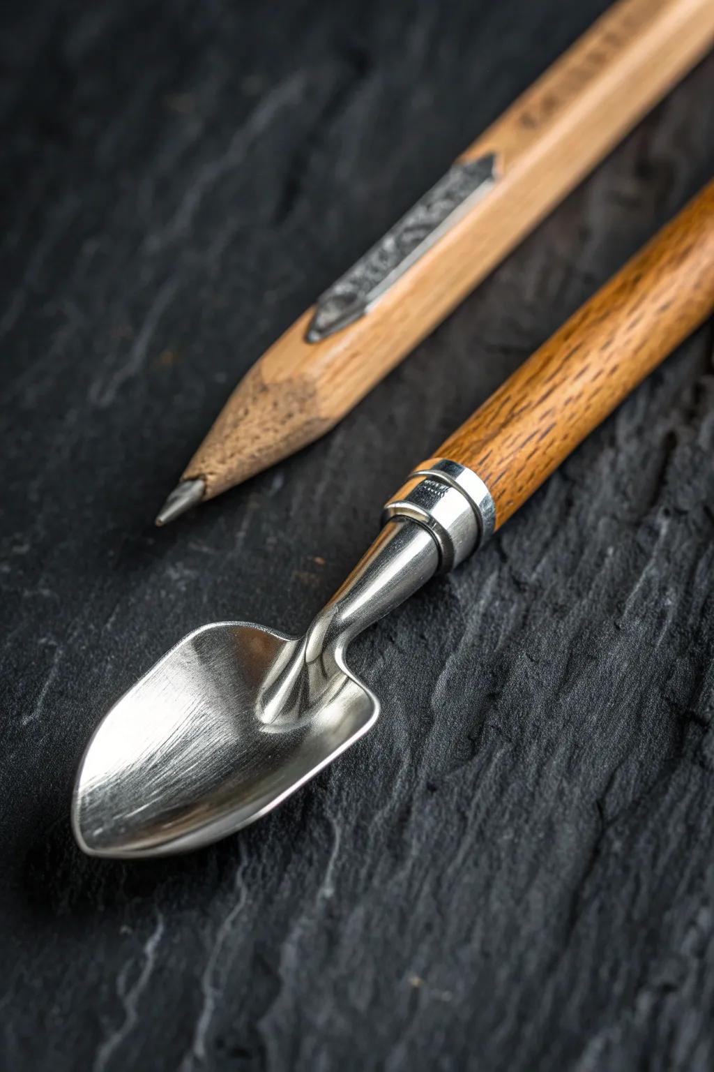 Explore the mechanics of a third-class lever with this elegantly crafted miniature shovel.