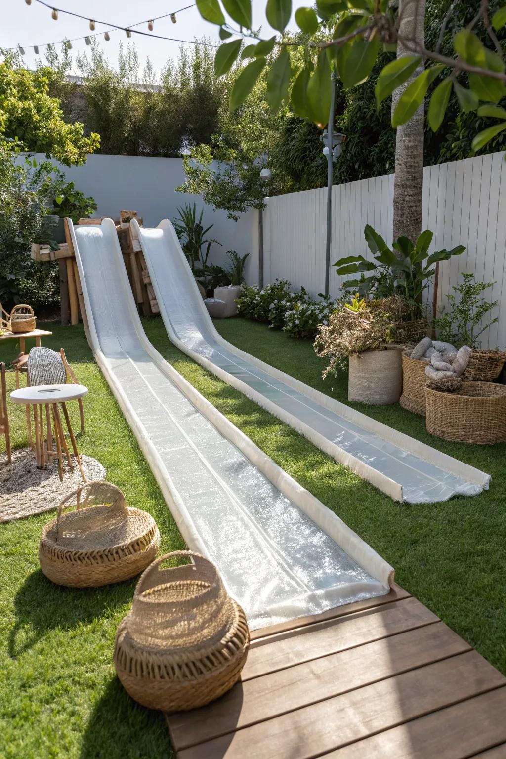 Ready, Set, Slide! Discover the thrill of a backyard race course with this chic slip and slide setup.