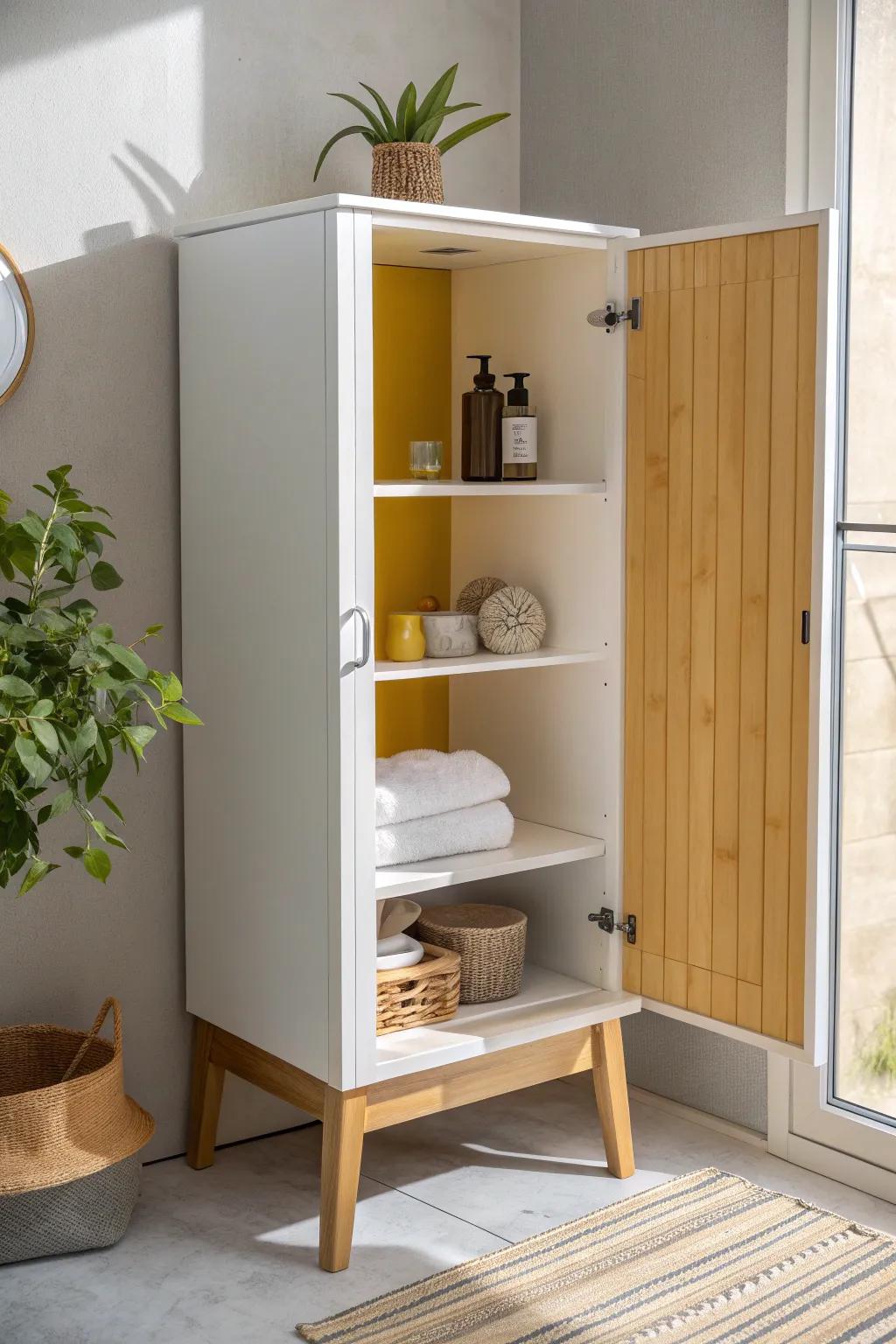 Discover joy in the details with a pop of sunny yellow inside your minimalist cabinet.