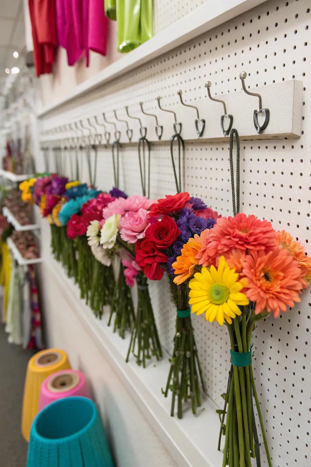 Pegboards offer a flexible way to organize faux flowers efficiently.