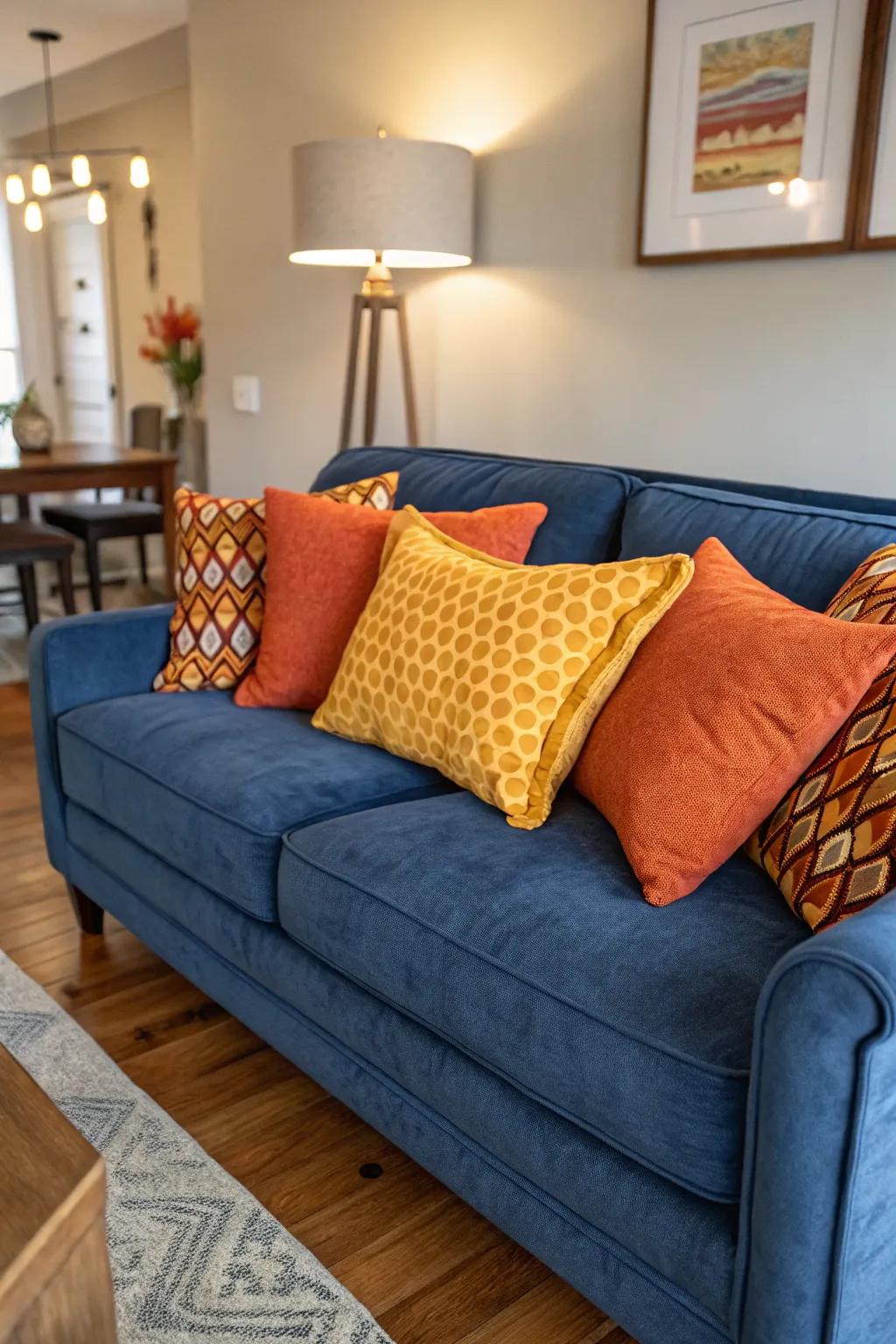 Warm colors create a vibrant contrast with a blue couch.