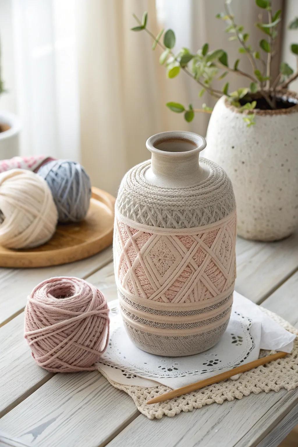 Cozy up your decor with a yarn-wrapped vase, the perfect blend of warmth and minimalism for your winter home.