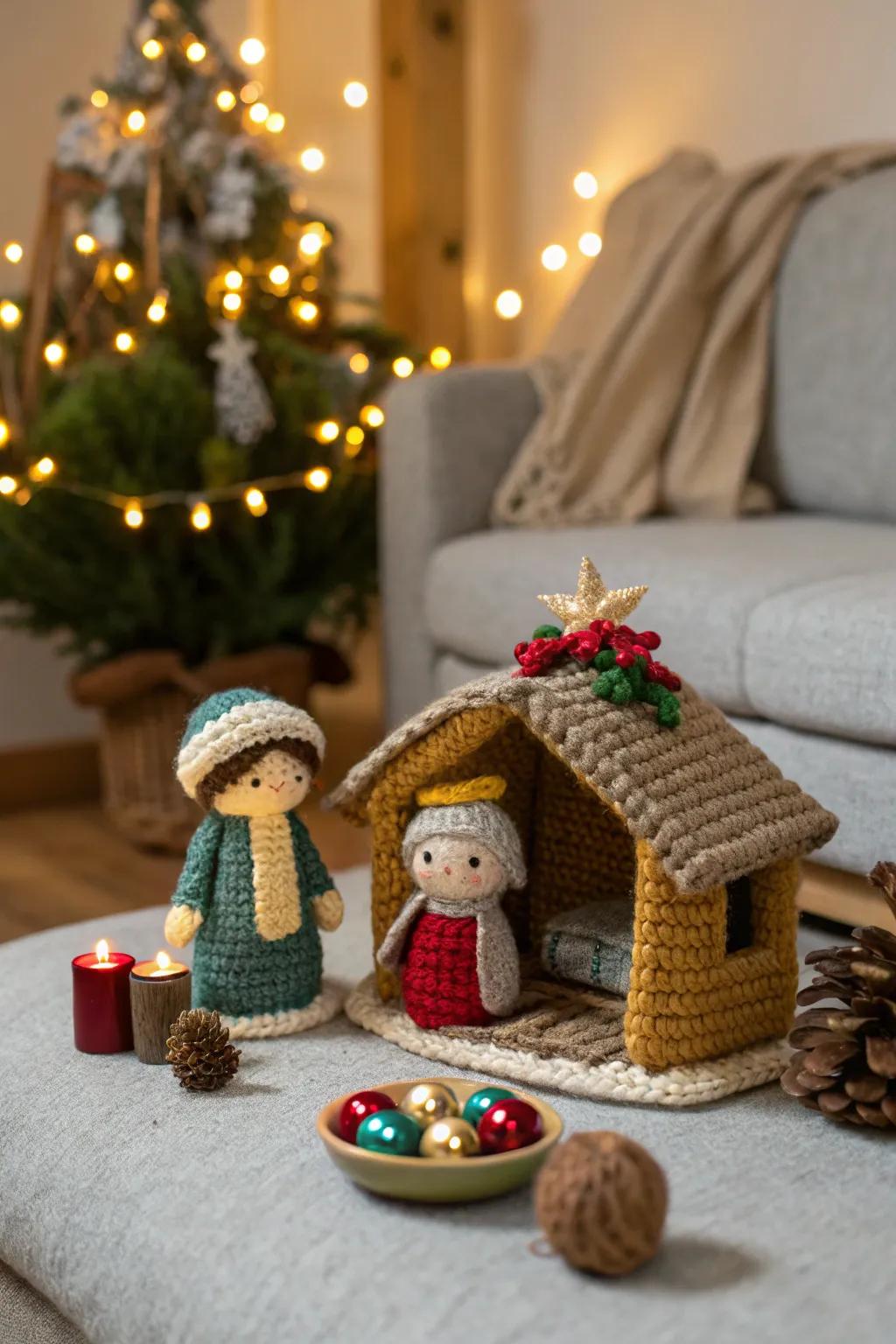 Handmade crochet figures add a personal touch to the nativity scene.