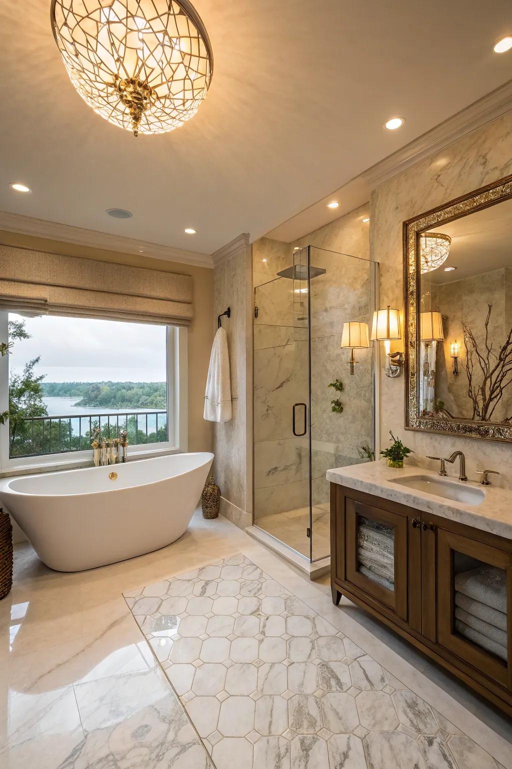 A spa-like atmosphere with calming elements enhances relaxation in this master bathroom.