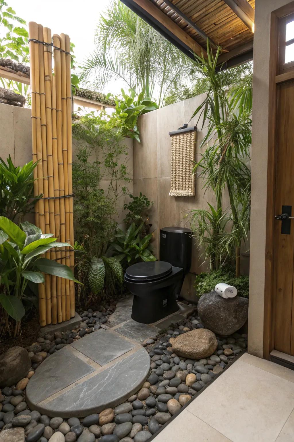 A spa-inspired retreat with natural elements and a black toilet.