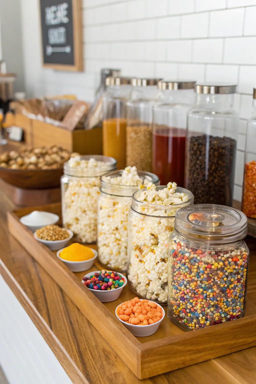 A popcorn bar lets guests create their own movie snack mix.