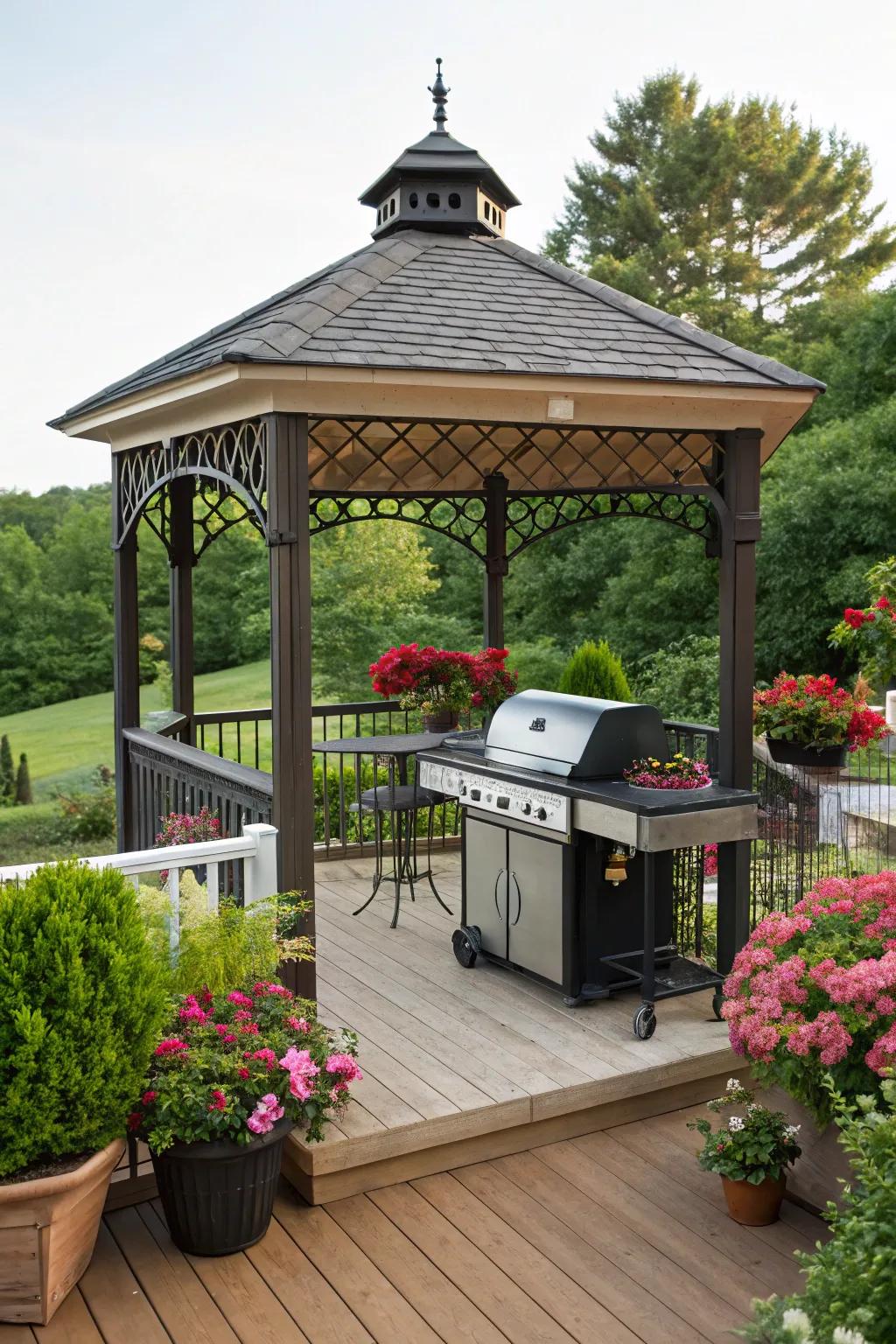 A traditional gazebo adds elegance and charm to your outdoor grilling space.