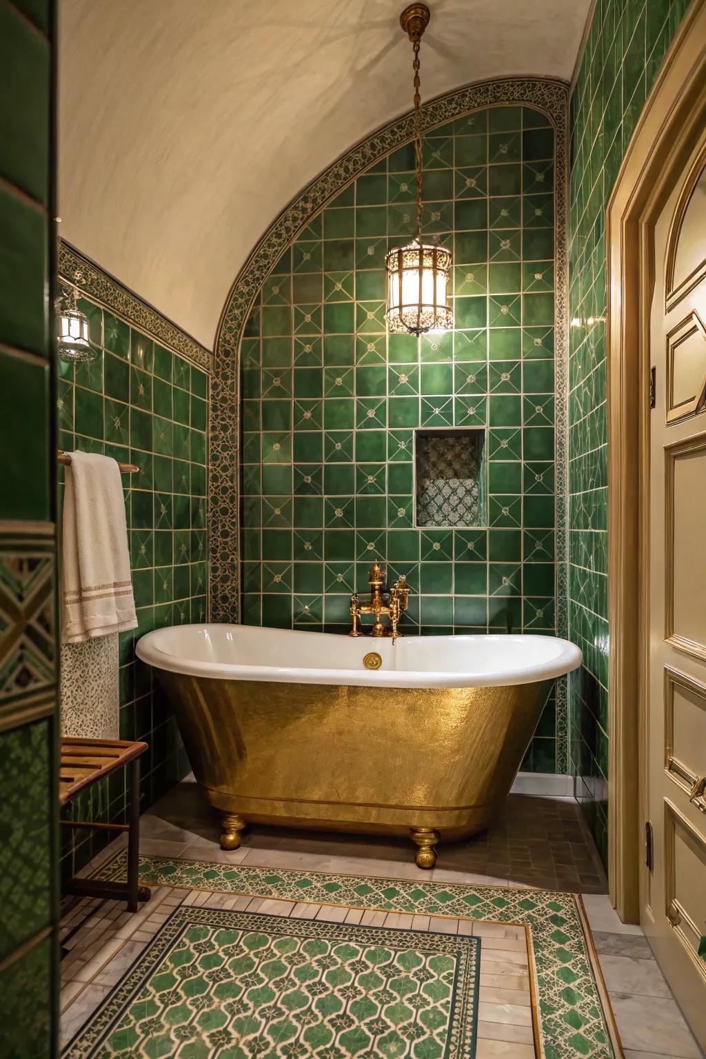 A freestanding gold bathtub against green tiles adds vintage charm.