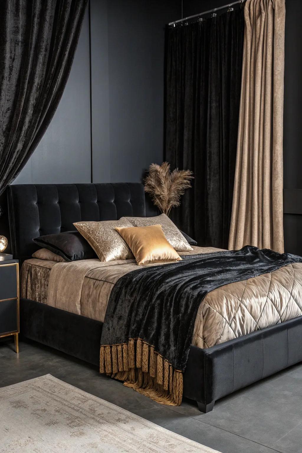 Layered textures bring depth and interest to this luxurious black bedroom.