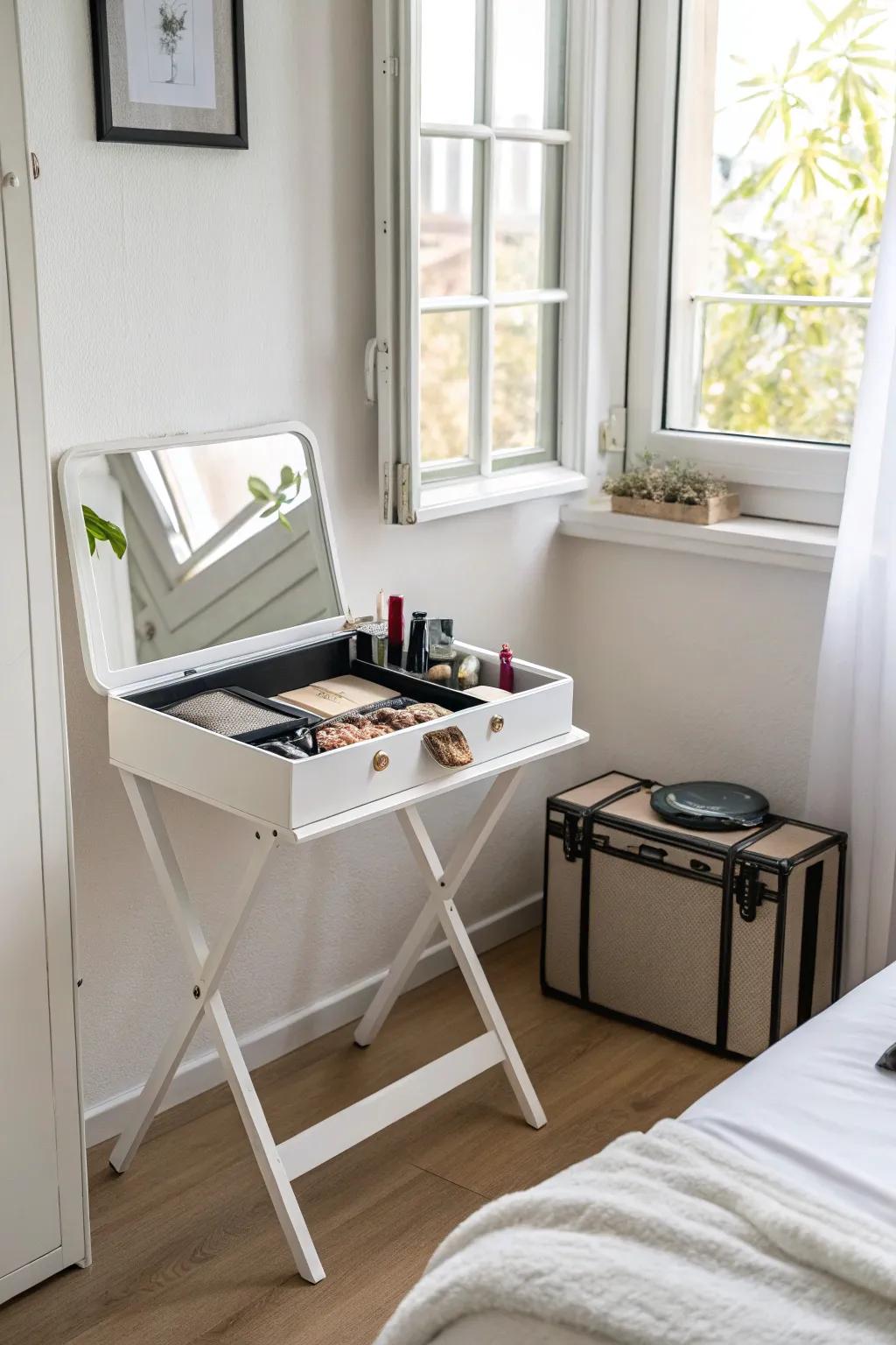 A foldable vanity that saves space effortlessly.