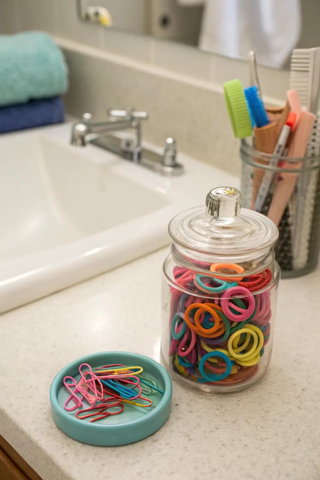 Organize hair accessories with a colorful glass jar.