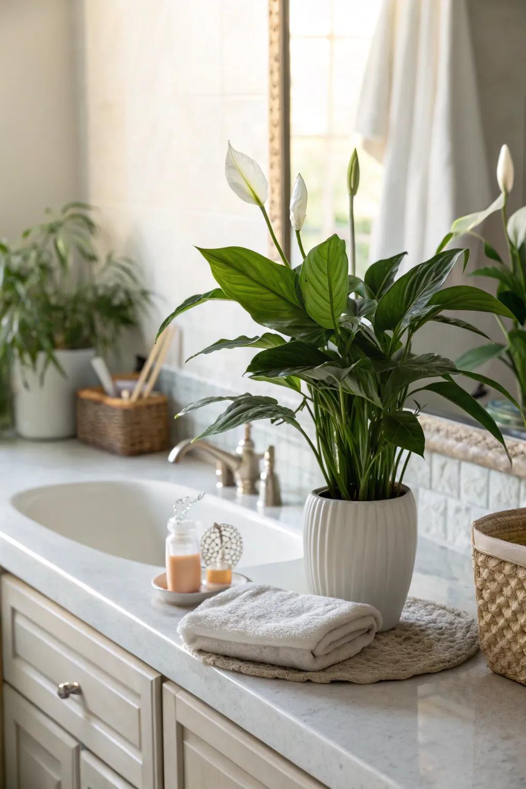 Peace Lilies bring beauty and clean air to your bathroom.