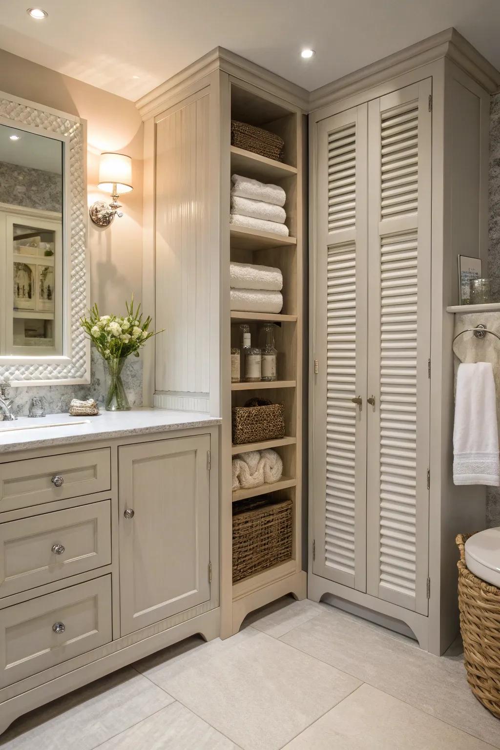 Shuttered cabinets create a cohesive look while adding texture and interest.