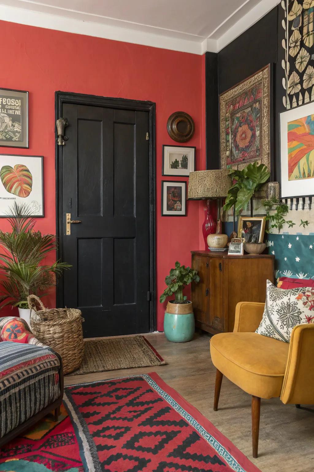 Bold wall colors paired with black doors for a vibrant look.