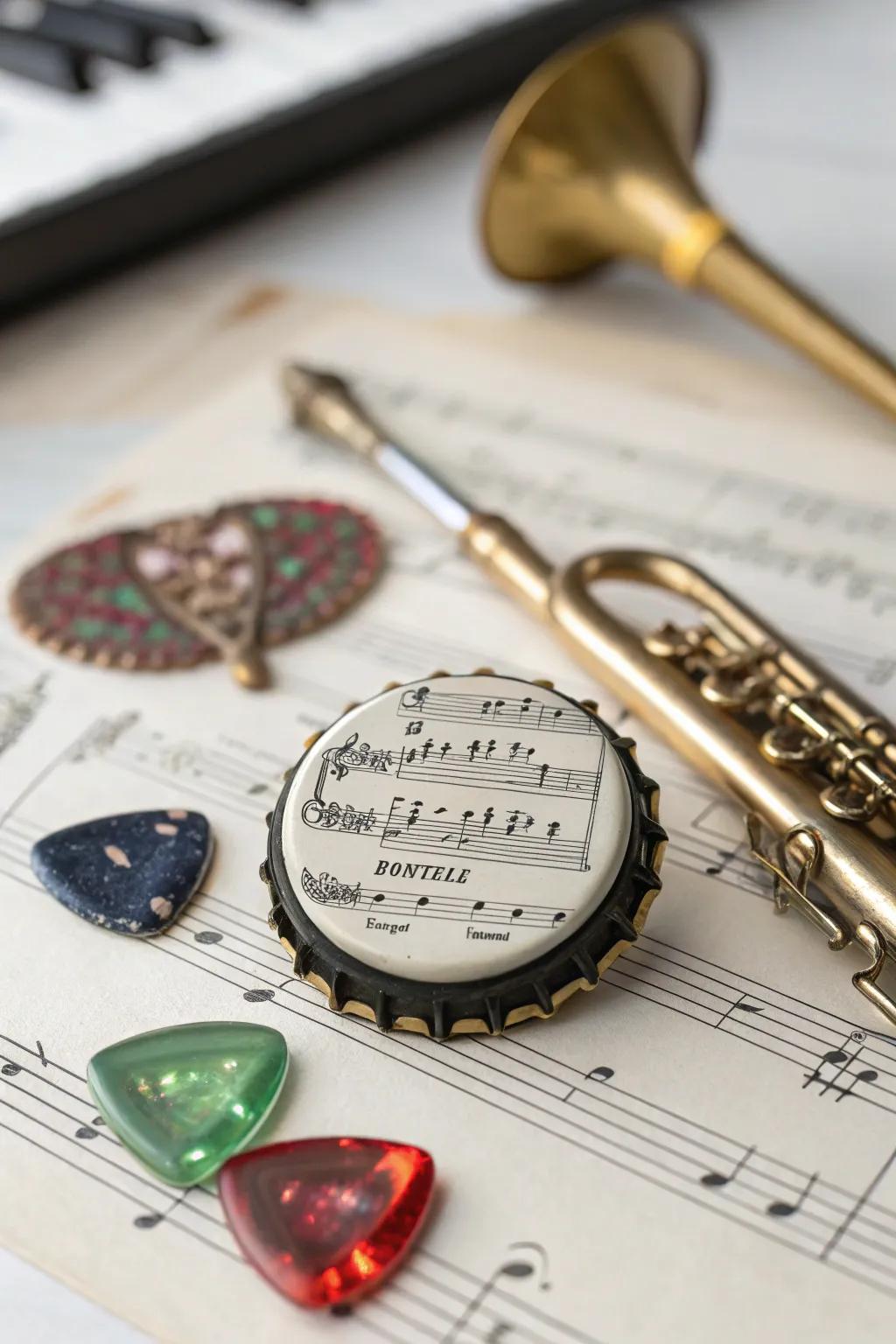 Music-themed bottle cap pins for the ultimate music lover.