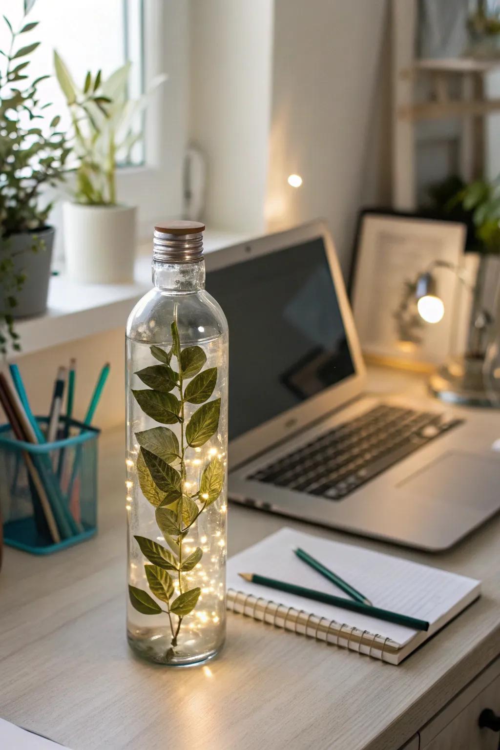 A nature-inspired botanical bottle lamp for the workspace.