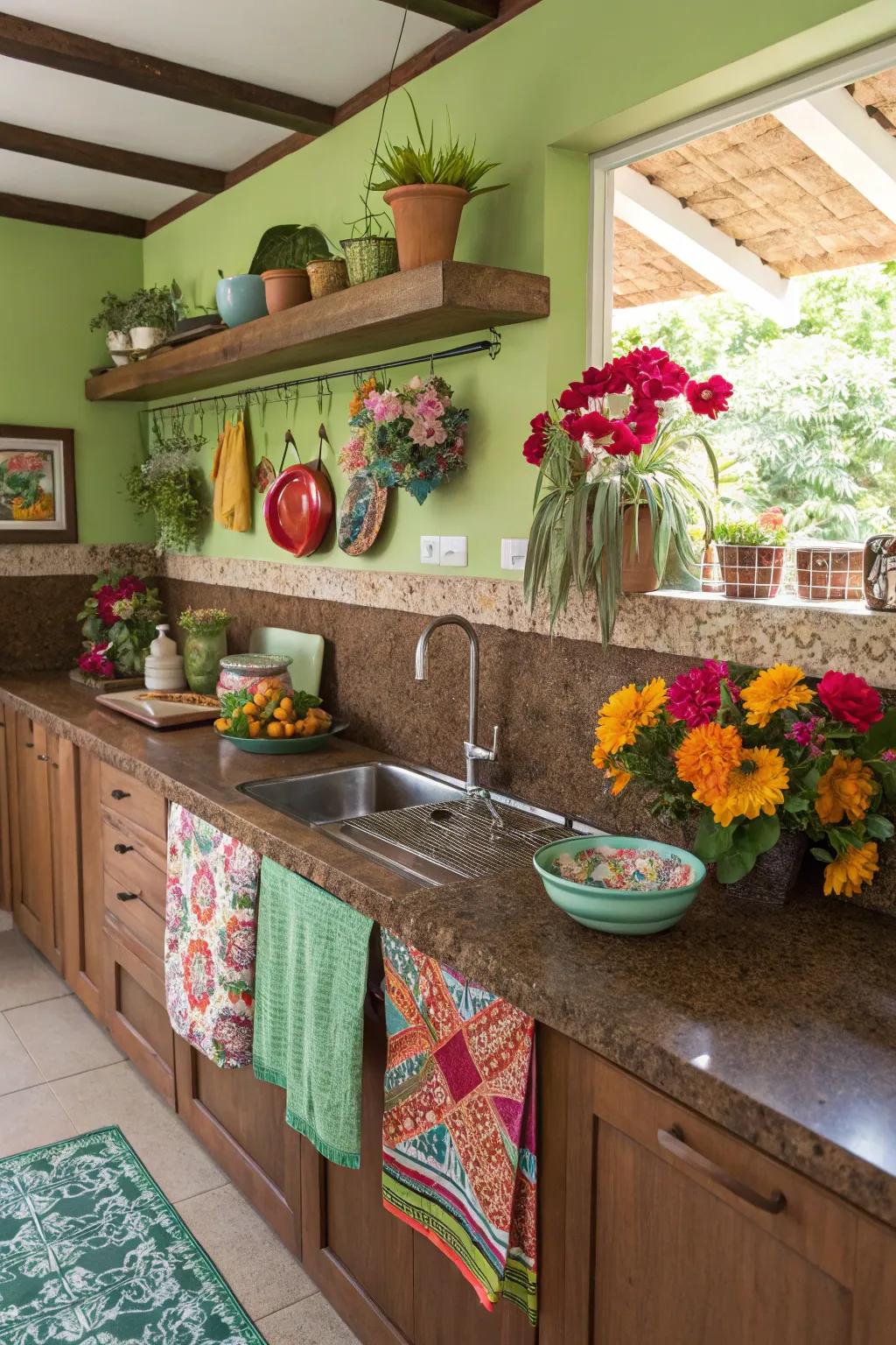 Garden green walls infuse vibrant energy into spaces with brown granite.