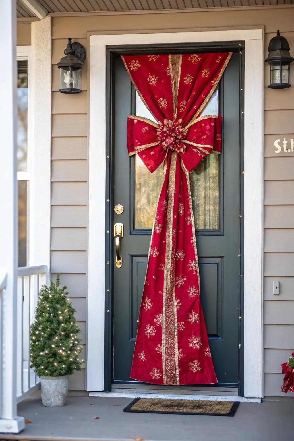 A front door wrapped like a festive present.