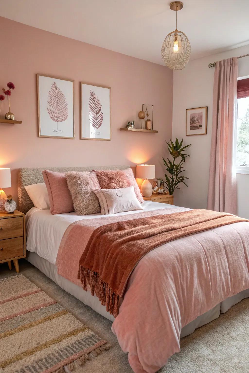 A dreamy bedroom with rust and blush pink accents.