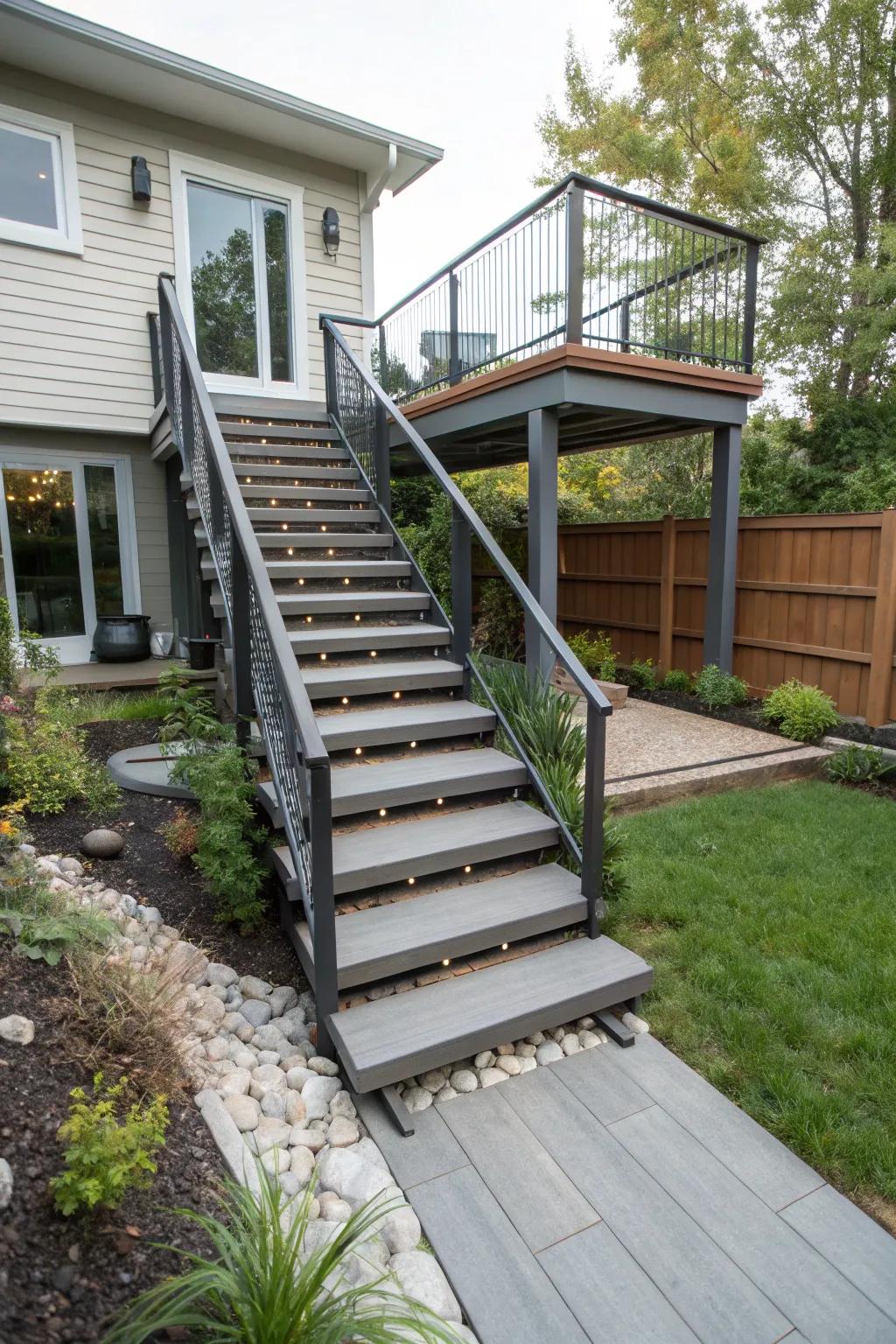 Modern open riser stairs provide an airy feel to the deck.