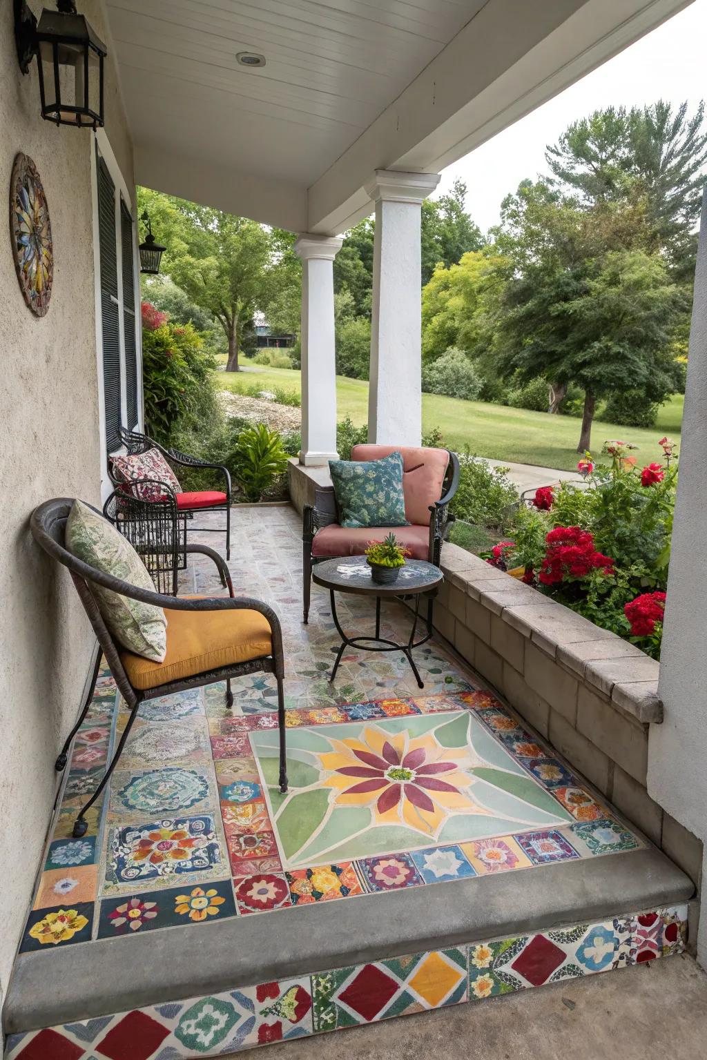 Mosaic patterns create an artistic and lively porch.