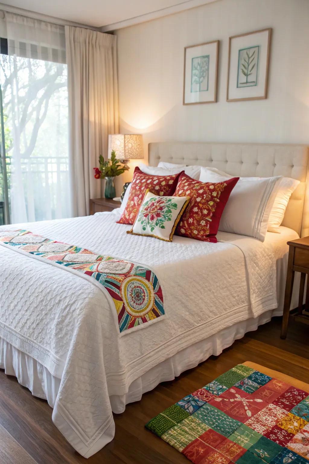 A bright white bedspread serves as a fresh canvas for colorful accents.