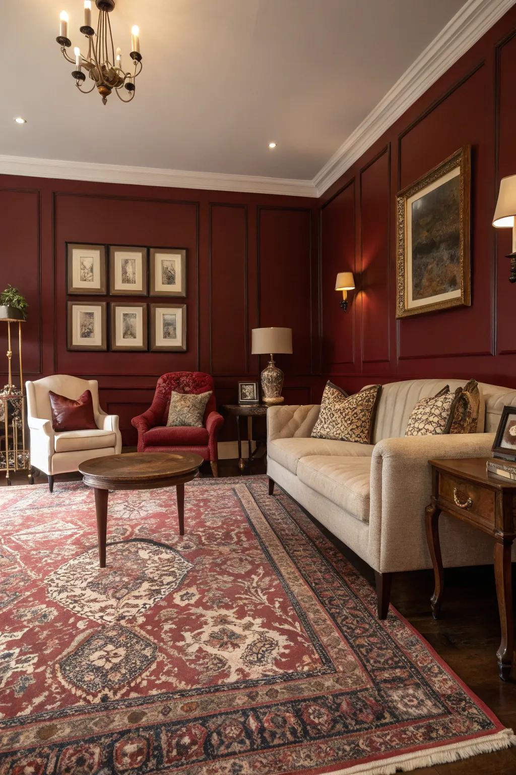 A cohesive living room with dark red walls and a patterned rug.