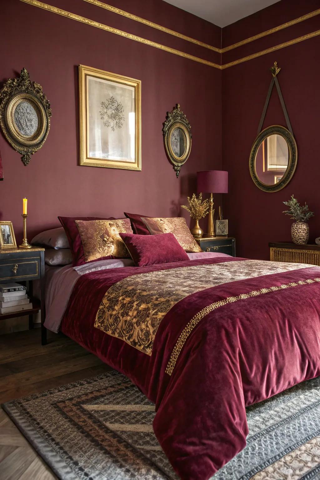 Burgundy walls create a luxurious, romantic atmosphere.