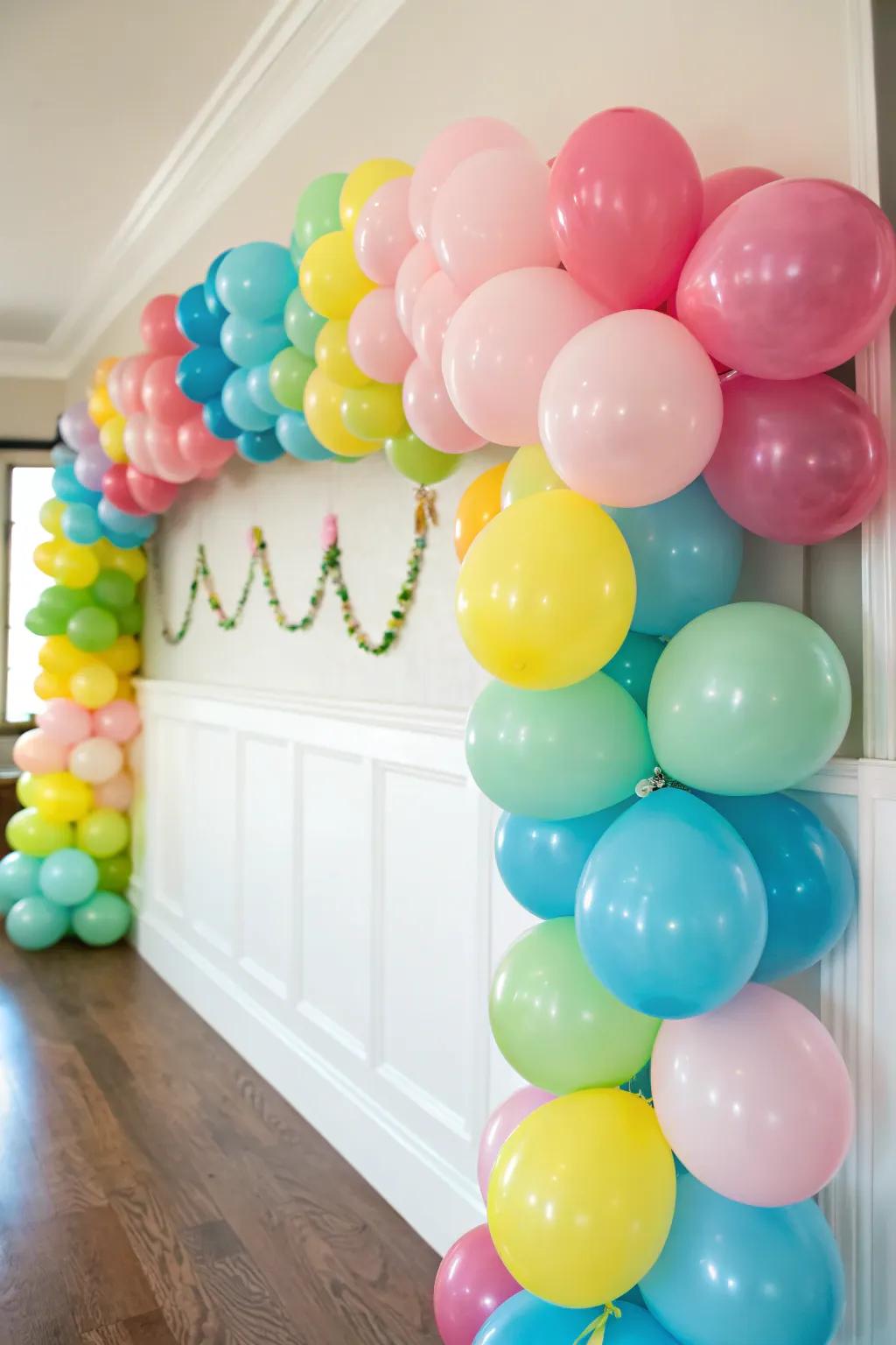 A colorful balloon garland adds festive flair.