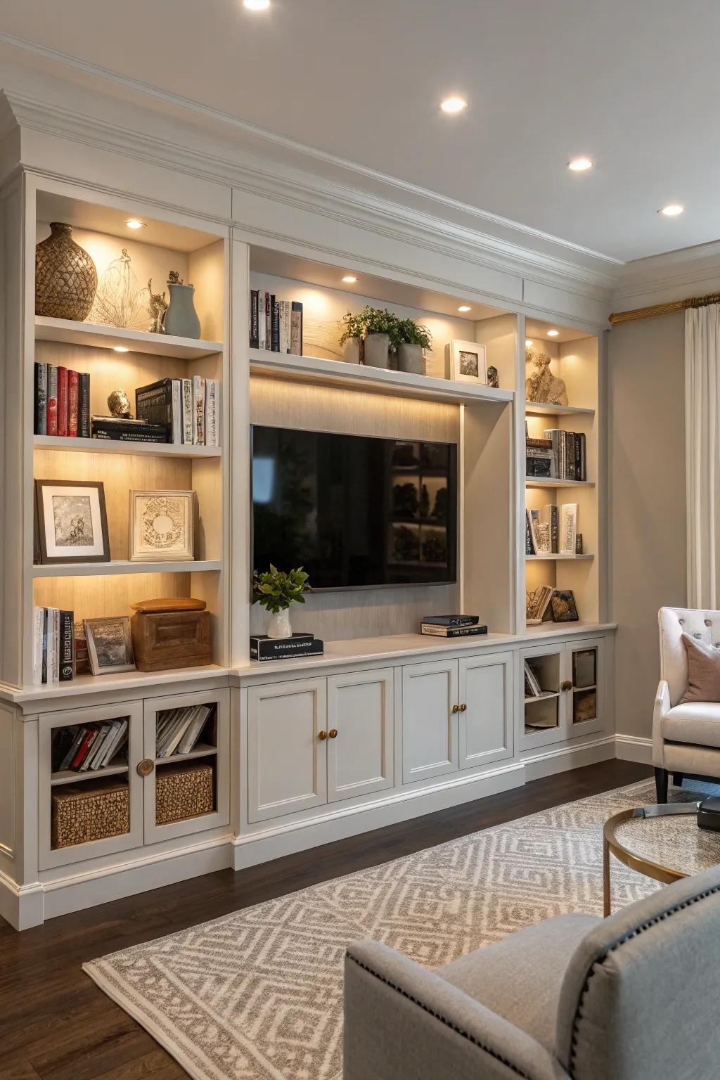 Built-in bookshelves surrounding a TV, filled with books and decor items.