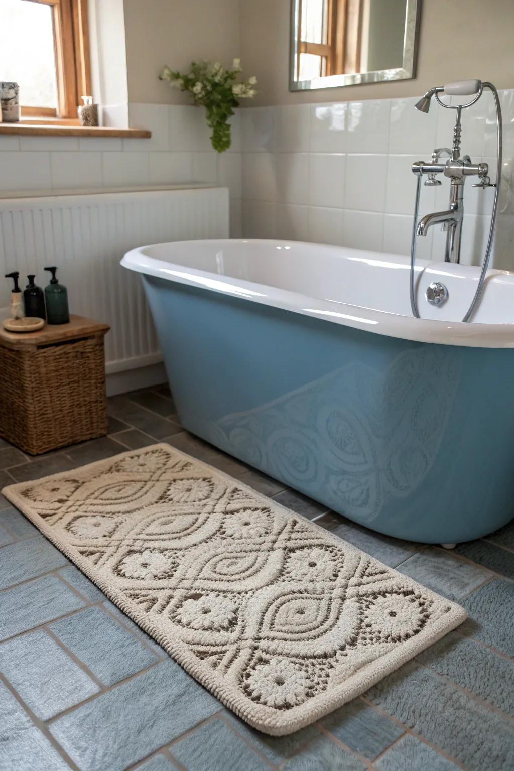 A textured rug adds warmth and style to the bathroom decor.