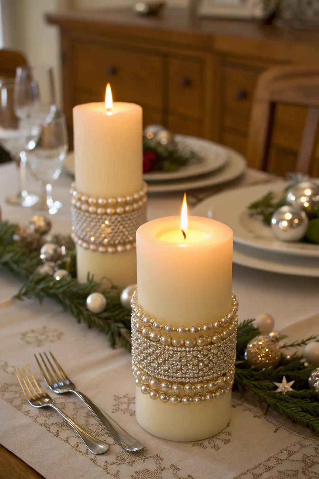 Candles adorned with beaded garlands for an elegant touch.