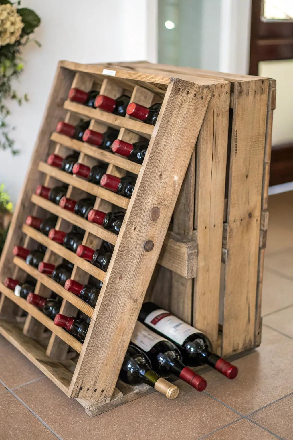 A wooden crate wine rack provides a stylish storage solution.