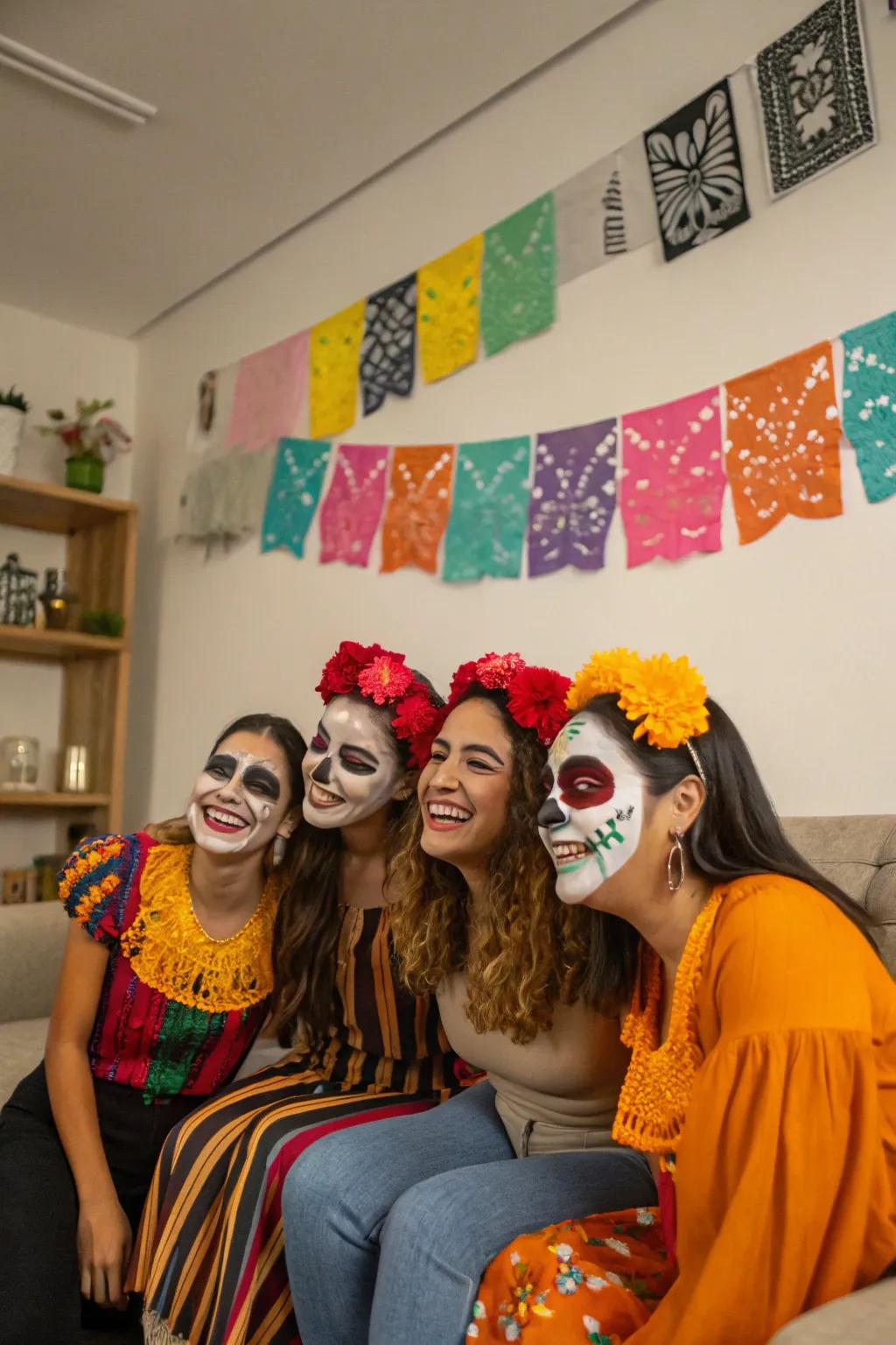 Friends adorned with calavera face paint, ready for the festivities.